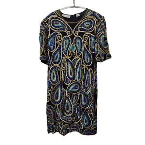 Vintage Silk Beaded Sequin Dress Colorful Size 2X
